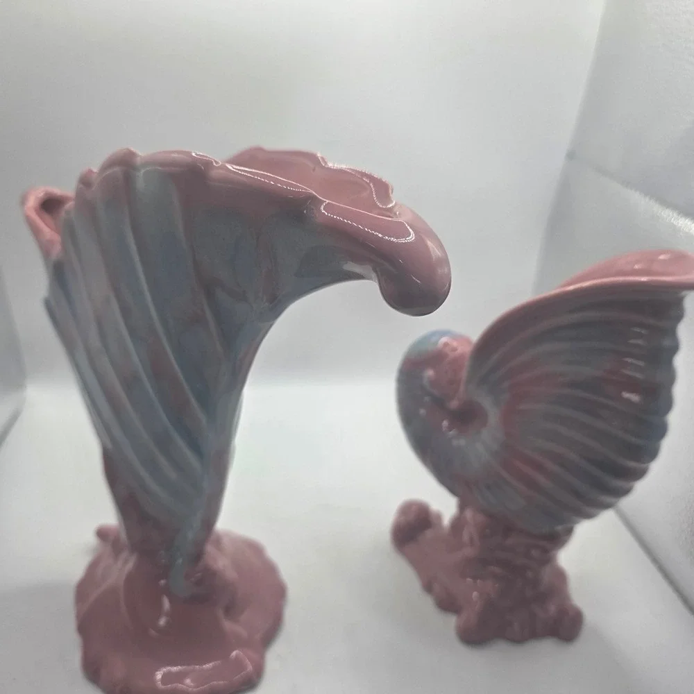 Vintage Haeger Art Pottery Peacock & Leaf Vases Pink Blue Glaze Matching Pair